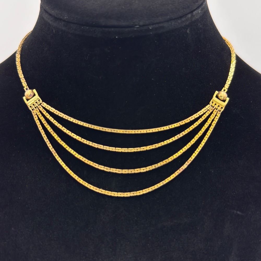 Vintage 12K Gold Filled 4 Strand‎ Herringbone Chain Choker Necklace Multi Layer